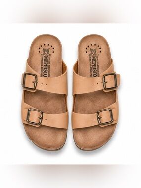 MEPHISTO Leather Slip On Double Strap Cork Comfort Walking Sandals